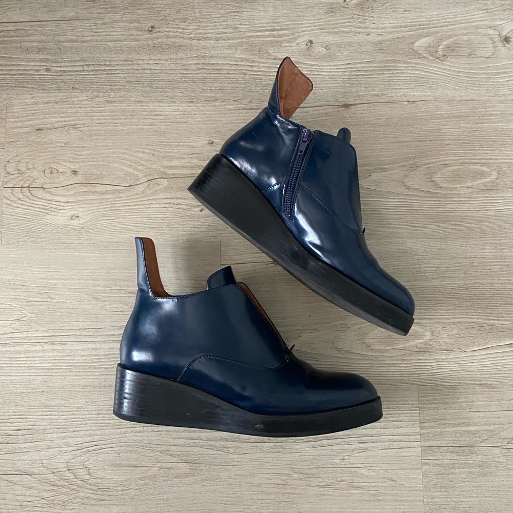 JEFFREY CAMPBELL patent blue leather ankle booties